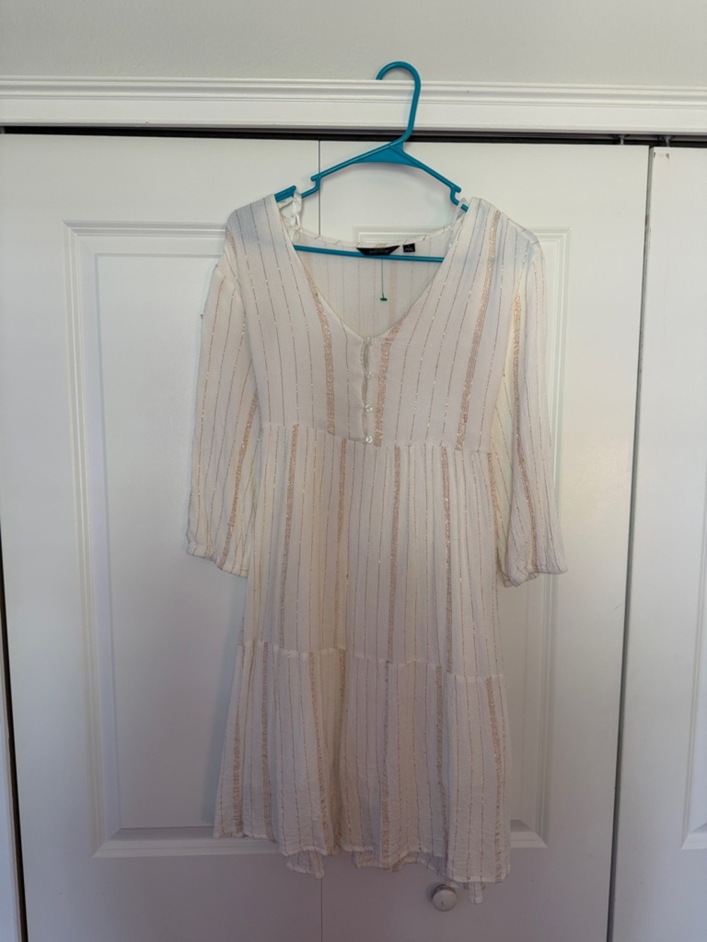 Light Cream Tiered Midi Dress with Metallic Stripe Detail